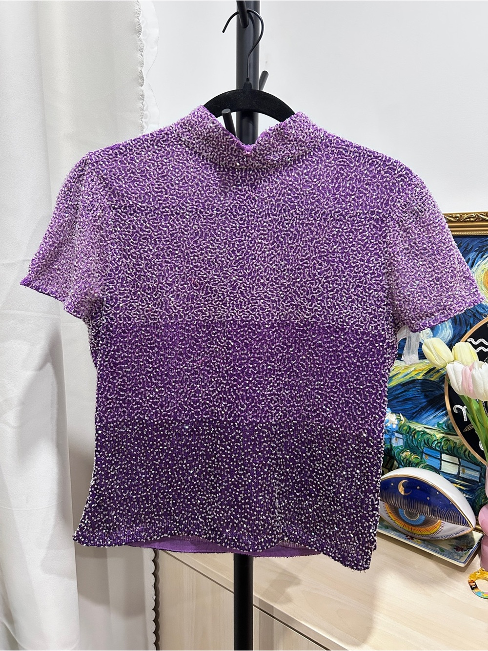Adrianna Papell Lavender-to-Plum Short-Sleeve Mock Neck Top